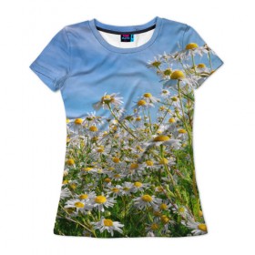 Женская футболка 3D с принтом Ромашковый рай в Екатеринбурге, 100% полиэфир ( синтетическое хлопкоподобное полотно) | прямой крой, круглый вырез горловины, длина до линии бедер | лепестки | небо | прикольные картинки | ромашки | солнце | цветочки | цветы