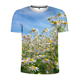 Мужская футболка 3D спортивная с принтом Ромашковый рай в Екатеринбурге, 100% полиэстер с улучшенными характеристиками | приталенный силуэт, круглая горловина, широкие плечи, сужается к линии бедра | лепестки | небо | прикольные картинки | ромашки | солнце | цветочки | цветы