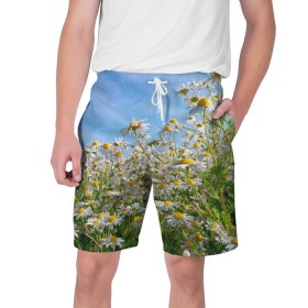 Мужские шорты 3D с принтом Ромашковый рай в Екатеринбурге,  полиэстер 100% | прямой крой, два кармана без застежек по бокам. Мягкая трикотажная резинка на поясе, внутри которой широкие завязки. Длина чуть выше колен | лепестки | небо | прикольные картинки | ромашки | солнце | цветочки | цветы