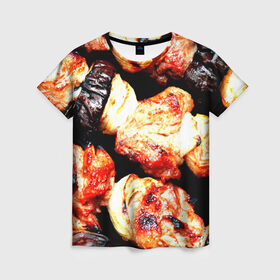 Женская футболка 3D с принтом Шашлыки в Екатеринбурге, 100% полиэфир ( синтетическое хлопкоподобное полотно) | прямой крой, круглый вырез горловины, длина до линии бедер | лето | мясо | шампур