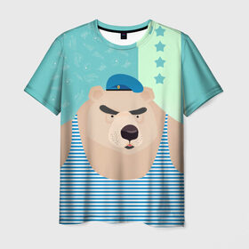 Мужская футболка 3D с принтом Медведь - вдвшник в Екатеринбурге, 100% полиэфир | прямой крой, круглый вырез горловины, длина до линии бедер | вдв | военные | военный | воздушные войска | медведь | морпех | нас мало но мы в тельняшках | русский | солдат | тельняшка