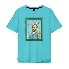 Мужская футболка хлопок Oversize с принтом Детство Ван Гога в Екатеринбурге, 100% хлопок | свободный крой, круглый ворот, “спинка” длиннее передней части | автопортрет | ван гог | детство | зайчик | зелёный | личность | портрет | рама | рамка | синий | уточка | ушки