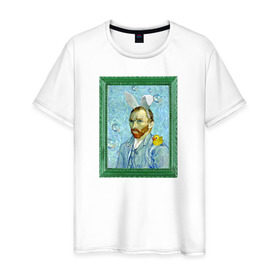 Мужская футболка хлопок с принтом Детство Ван Гога в Екатеринбурге, 100% хлопок | прямой крой, круглый вырез горловины, длина до линии бедер, слегка спущенное плечо. | автопортрет | ван гог | детство | зайчик | зелёный | личность | портрет | рама | рамка | синий | уточка | ушки