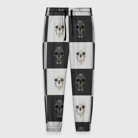 Мужские брюки 3D с принтом Skullchess в Екатеринбурге, 100% полиэстер | манжеты по низу, эластичный пояс регулируется шнурком, по бокам два кармана без застежек, внутренняя часть кармана из мелкой сетки | хелоуин | череп | черное и белое | шахматы