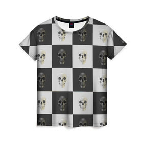 Женская футболка 3D с принтом Skullchess в Екатеринбурге, 100% полиэфир ( синтетическое хлопкоподобное полотно) | прямой крой, круглый вырез горловины, длина до линии бедер | хелоуин | череп | черное и белое | шахматы