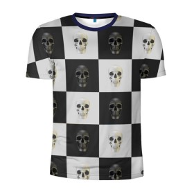 Мужская футболка 3D спортивная с принтом Skullchess в Екатеринбурге, 100% полиэстер с улучшенными характеристиками | приталенный силуэт, круглая горловина, широкие плечи, сужается к линии бедра | Тематика изображения на принте: хелоуин | череп | черное и белое | шахматы