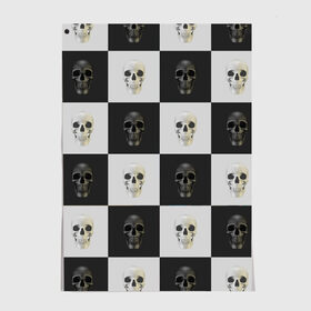 Постер с принтом Skullchess в Екатеринбурге, 100% бумага
 | бумага, плотность 150 мг. Матовая, но за счет высокого коэффициента гладкости имеет небольшой блеск и дает на свету блики, но в отличии от глянцевой бумаги не покрыта лаком | хелоуин | череп | черное и белое | шахматы