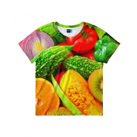 Детская футболка 3D с принтом Овощи в Екатеринбурге, 100% гипоаллергенный полиэфир | прямой крой, круглый вырез горловины, длина до линии бедер, чуть спущенное плечо, ткань немного тянется | апельсин | диета | киви | лук | овощ | огурец | помидор