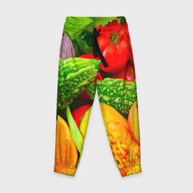 Детские брюки 3D с принтом Овощи в Екатеринбурге, 100% полиэстер | манжеты по низу, эластичный пояс регулируется шнурком, по бокам два кармана без застежек, внутренняя часть кармана из мелкой сетки | апельсин | диета | киви | лук | овощ | огурец | помидор