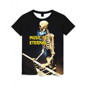 Женская футболка 3D с принтом Музыка вечна 3 в Екатеринбурге, 100% полиэфир ( синтетическое хлопкоподобное полотно) | прямой крой, круглый вырез горловины, длина до линии бедер | мелодия. клавиши | музыка | музыкальный инструмент | скелет