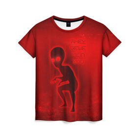 Женская футболка 3D с принтом They belive in you в Екатеринбурге, 100% полиэфир ( синтетическое хлопкоподобное полотно) | прямой крой, круглый вырез горловины, длина до линии бедер | инопланетяне | инопланетянин | красный | марс | марсианин | нло