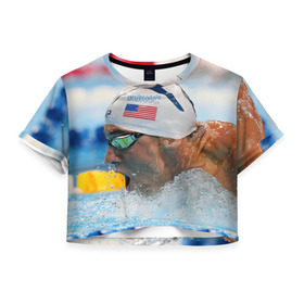 Женская футболка 3D укороченная с принтом Майкл Фелпс в Екатеринбурге, 100% полиэстер | круглая горловина, длина футболки до линии талии, рукава с отворотами | swimming | бассейн | олимпиада | плавание | пловец | рио | фелпс