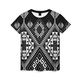 Женская футболка 3D с принтом Индейские мотивы в Екатеринбурге, 100% полиэфир ( синтетическое хлопкоподобное полотно) | прямой крой, круглый вырез горловины, длина до линии бедер | вышивка | орнамент | свитер | черно белый