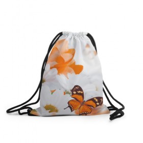Рюкзак-мешок 3D с принтом Оранж в Екатеринбурге, 100% полиэстер | плотность ткани — 200 г/м2, размер — 35 х 45 см; лямки — толстые шнурки, застежка на шнуровке, без карманов и подкладки | бабочки | лепестки | оранжевый | цветочки | цветы