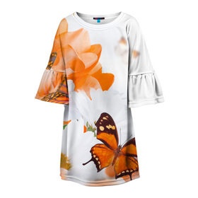 Детское платье 3D с принтом Оранж в Екатеринбурге, 100% полиэстер | прямой силуэт, чуть расширенный к низу. Круглая горловина, на рукавах — воланы | бабочки | лепестки | оранжевый | цветочки | цветы