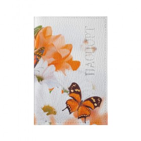 Обложка для паспорта матовая кожа с принтом Оранж в Екатеринбурге, натуральная матовая кожа | размер 19,3 х 13,7 см; прозрачные пластиковые крепления | Тематика изображения на принте: бабочки | лепестки | оранжевый | цветочки | цветы