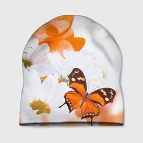 Шапка 3D с принтом Оранж в Екатеринбурге, 100% полиэстер | универсальный размер, печать по всей поверхности изделия | бабочки | лепестки | оранжевый | цветочки | цветы