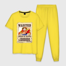 Мужская пижама хлопок с принтом Wanted Luffy в Екатеринбурге, 100% хлопок | брюки и футболка прямого кроя, без карманов, на брюках мягкая резинка на поясе и по низу штанин
 | ван пис | луффи | разыскивается