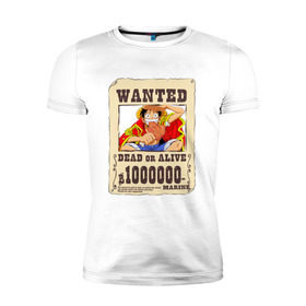 Мужская футболка премиум с принтом Wanted Luffy в Екатеринбурге, 92% хлопок, 8% лайкра | приталенный силуэт, круглый вырез ворота, длина до линии бедра, короткий рукав | Тематика изображения на принте: ван пис | луффи | разыскивается