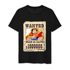 Мужская футболка хлопок с принтом Wanted Luffy в Екатеринбурге, 100% хлопок | прямой крой, круглый вырез горловины, длина до линии бедер, слегка спущенное плечо. | Тематика изображения на принте: ван пис | луффи | разыскивается