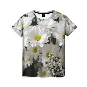 Женская футболка 3D с принтом Белоснежное цветение в Екатеринбурге, 100% полиэфир ( синтетическое хлопкоподобное полотно) | прямой крой, круглый вырез горловины, длина до линии бедер | ландыши | лепестки | прикольные картинки | ромашки | цветочки | цветы
