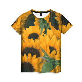 Женская футболка 3D с принтом Подсолнухи в Екатеринбурге, 100% полиэфир ( синтетическое хлопкоподобное полотно) | прямой крой, круглый вырез горловины, длина до линии бедер | желтый | зеленый | лето | подсолнухи | цветы | черный