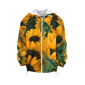 Детская куртка 3D с принтом Подсолнухи в Екатеринбурге, 100% полиэстер | застежка — молния, подол и капюшон оформлены резинкой с фиксаторами, по бокам — два кармана без застежек, один потайной карман на груди, плотность верхнего слоя — 90 г/м2; плотность флисового подклада — 260 г/м2 | желтый | зеленый | лето | подсолнухи | цветы | черный
