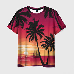Мужская футболка 3D с принтом Пальмы в Екатеринбурге, 100% полиэфир | прямой крой, круглый вырез горловины, длина до линии бедер | Тематика изображения на принте: лето | море | пальмы