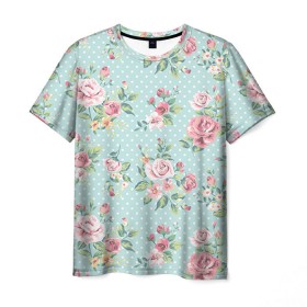 Мужская футболка 3D с принтом Цветы ретро 1 в Екатеринбурге, 100% полиэфир | прямой крой, круглый вырез горловины, длина до линии бедер |   | винтаж | прованс | роза | роспись | узор | цветок | цветы