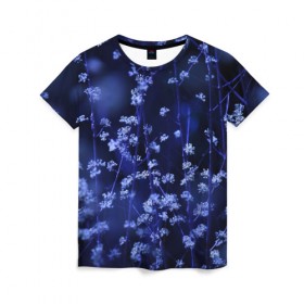 Женская футболка 3D с принтом Ночные цветы в Екатеринбурге, 100% полиэфир ( синтетическое хлопкоподобное полотно) | прямой крой, круглый вырез горловины, длина до линии бедер | лепестки | ночь | прикольные картинки | синий | цветочки | цветы