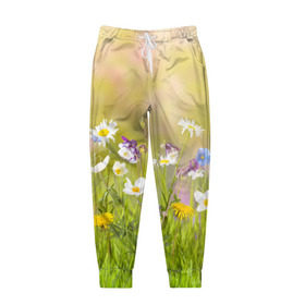 Мужские брюки 3D с принтом Солнечная нежность в Екатеринбурге, 100% полиэстер | манжеты по низу, эластичный пояс регулируется шнурком, по бокам два кармана без застежек, внутренняя часть кармана из мелкой сетки | лепестки | лучи | прикольные картинки | солнце | цветочки | цветы
