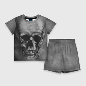 Детский костюм с шортами 3D с принтом Череп в Екатеринбурге,  |  | skelet | skull | кости | мертвец | серый | скелет | череп