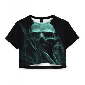 Женская футболка 3D укороченная с принтом Череп на дне в Екатеринбурге, 100% полиэстер | круглая горловина, длина футболки до линии талии, рукава с отворотами | вода | водоросли | дьявол | монстр | прикольные картинки | череп