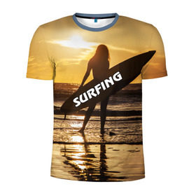 Мужская футболка 3D спортивная с принтом Surfing в Екатеринбурге, 100% полиэстер с улучшенными характеристиками | приталенный силуэт, круглая горловина, широкие плечи, сужается к линии бедра | Тематика изображения на принте: волна | девушка | море | прикольные картинки | сёрфинг | солнце | спорт | экстрим