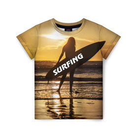 Детская футболка 3D с принтом Surfing в Екатеринбурге, 100% гипоаллергенный полиэфир | прямой крой, круглый вырез горловины, длина до линии бедер, чуть спущенное плечо, ткань немного тянется | волна | девушка | море | прикольные картинки | сёрфинг | солнце | спорт | экстрим
