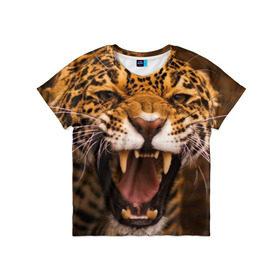 Детская футболка 3D с принтом Леопард в Екатеринбурге, 100% гипоаллергенный полиэфир | прямой крой, круглый вырез горловины, длина до линии бедер, чуть спущенное плечо, ткань немного тянется | дикая кошка | клыки | леопард | оскал | хищник