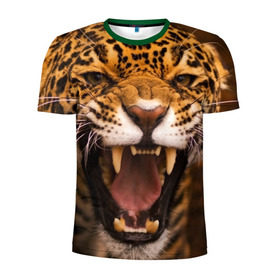 Мужская футболка 3D спортивная с принтом Леопард в Екатеринбурге, 100% полиэстер с улучшенными характеристиками | приталенный силуэт, круглая горловина, широкие плечи, сужается к линии бедра | дикая кошка | клыки | леопард | оскал | хищник