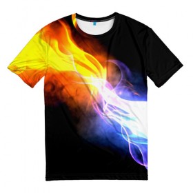 Мужская футболка 3D с принтом Brisk Fire в Екатеринбурге, 100% полиэфир | прямой крой, круглый вырез горловины, длина до линии бедер | дым | желтый | огонь | синий