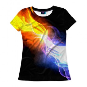 Женская футболка 3D с принтом Brisk Fire в Екатеринбурге, 100% полиэфир ( синтетическое хлопкоподобное полотно) | прямой крой, круглый вырез горловины, длина до линии бедер | Тематика изображения на принте: дым | желтый | огонь | синий