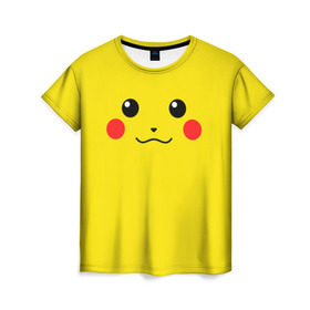 Женская футболка 3D с принтом Happy Pikachu в Екатеринбурге, 100% полиэфир ( синтетическое хлопкоподобное полотно) | прямой крой, круглый вырез горловины, длина до линии бедер | Тематика изображения на принте: 