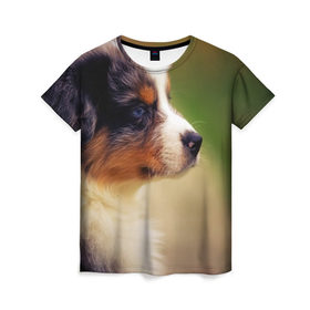 Женская футболка 3D с принтом Aussi в Екатеринбурге, 100% полиэфир ( синтетическое хлопкоподобное полотно) | прямой крой, круглый вырез горловины, длина до линии бедер | австралийская овчарка | животные | пёс | собака | щенок