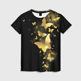 Женская футболка 3D с принтом Золотые бабочки в Екатеринбурге, 100% полиэфир ( синтетическое хлопкоподобное полотно) | прямой крой, круглый вырез горловины, длина до линии бедер | бабочки | девушкам | злато | золото
