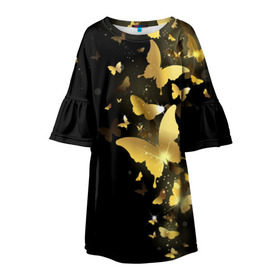 Детское платье 3D с принтом Золотые бабочки в Екатеринбурге, 100% полиэстер | прямой силуэт, чуть расширенный к низу. Круглая горловина, на рукавах — воланы | Тематика изображения на принте: бабочки | девушкам | злато | золото