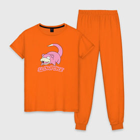 Женская пижама хлопок с принтом Slowpoke в Екатеринбурге, 100% хлопок | брюки и футболка прямого кроя, без карманов, на брюках мягкая резинка на поясе и по низу штанин | pikachu | pokemon | slowpoke | пикачу | покемон | покемоны | слоупок