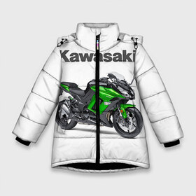 Зимняя куртка для девочек 3D с принтом Kawasaky Ninja 1000 в Екатеринбурге, ткань верха — 100% полиэстер; подклад — 100% полиэстер, утеплитель — 100% полиэстер. | длина ниже бедра, удлиненная спинка, воротник стойка и отстегивающийся капюшон. Есть боковые карманы с листочкой на кнопках, утяжки по низу изделия и внутренний карман на молнии. 

Предусмотрены светоотражающий принт на спинке, радужный светоотражающий элемент на пуллере молнии и на резинке для утяжки. | Тематика изображения на принте: kawasaky