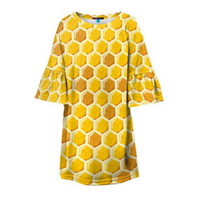 Детское платье 3D с принтом Медовые соты в Екатеринбурге, 100% полиэстер | прямой силуэт, чуть расширенный к низу. Круглая горловина, на рукавах — воланы | Тематика изображения на принте: арт | еда | мед | пчелы | соты