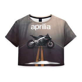 Женская футболка 3D укороченная с принтом Aprilia RSV4 в Екатеринбурге, 100% полиэстер | круглая горловина, длина футболки до линии талии, рукава с отворотами | aprilia