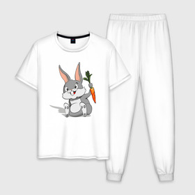 Мужская пижама хлопок с принтом Зайчик в Екатеринбурге, 100% хлопок | брюки и футболка прямого кроя, без карманов, на брюках мягкая резинка на поясе и по низу штанин
 | год кролика | зайчик | заяц | кролик | морковь