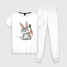 Женская пижама хлопок с принтом Зайчик в Екатеринбурге, 100% хлопок | брюки и футболка прямого кроя, без карманов, на брюках мягкая резинка на поясе и по низу штанин | год кролика | зайчик | заяц | кролик | морковь