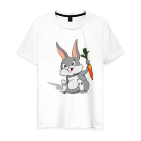 Мужская футболка хлопок с принтом Зайчик в Екатеринбурге, 100% хлопок | прямой крой, круглый вырез горловины, длина до линии бедер, слегка спущенное плечо. | год кролика | зайчик | заяц | кролик | морковь